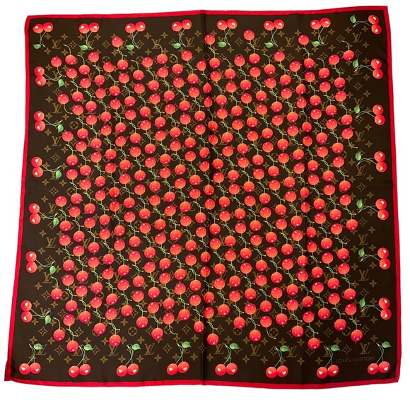 LOUIS VUITTON X TAKASHI MURAKAMI BROWN / RED MONOGRAM CHERRY PRINT SILK SCARF - Picture 1 of 7